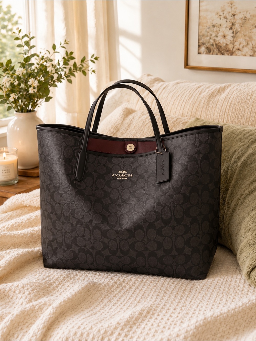 Coach Signature City Tote black Charcoal Monogram Burgundy